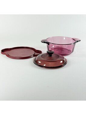 Visions Cranberry Glass 1 Qt Casserole Dish With Lid & Plastic Cover 1174